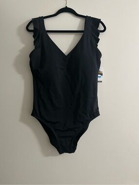 Time and Tru Black V-Neck One Piece Swimsuit